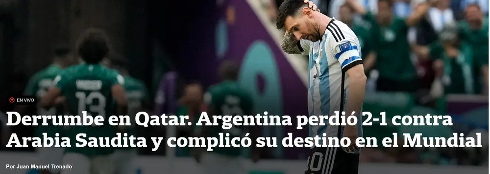 Deslizamento de terra no Catar. A Argentina perdeu por 2 a 1 para a Arábia Saudita e complicou seu destino na Copa do Mundo.